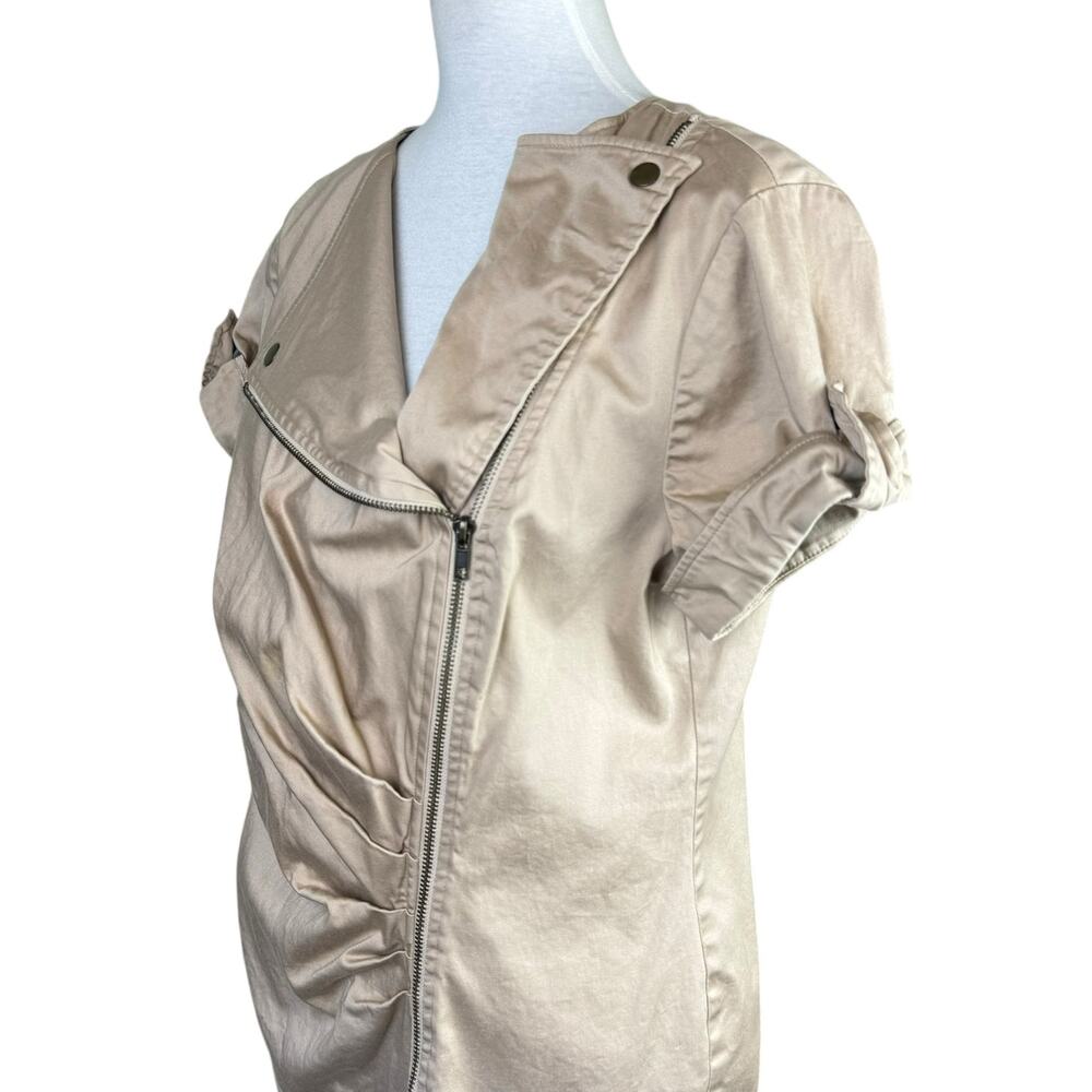 Chico’s Sz 2 Picture Perfect Azalea Khaki Full Zip Ruched Knee Length Dress - Picture 5 of 12
